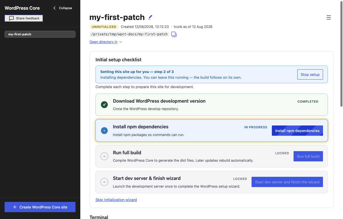WordPress Contributor Toolkit chạy chuỗi setup ban đầu: clone wordpress-develop, cài dependency và build