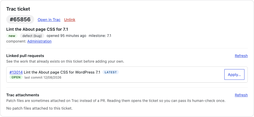 Màn hình ticket Trac đã liên kết hiển thị chi tiết và các pull request liên quan trong WordPress Contributor Toolkit